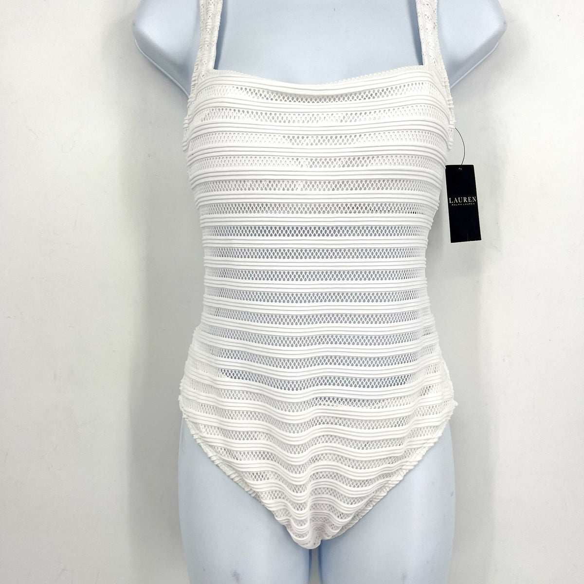 LAUREN RALPH LAUREN Ottoman One Piece Swimsuit Size 10 White Mesh Stripe NWT