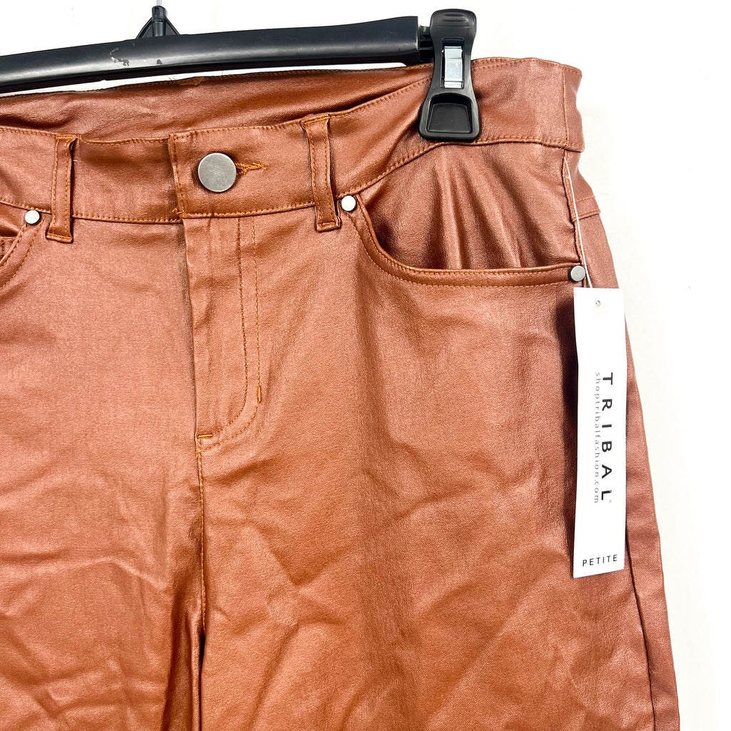 TRIBAL Womens Vegan Leather Pants US 4 Petite Brown Walnut Straight Leg NWT