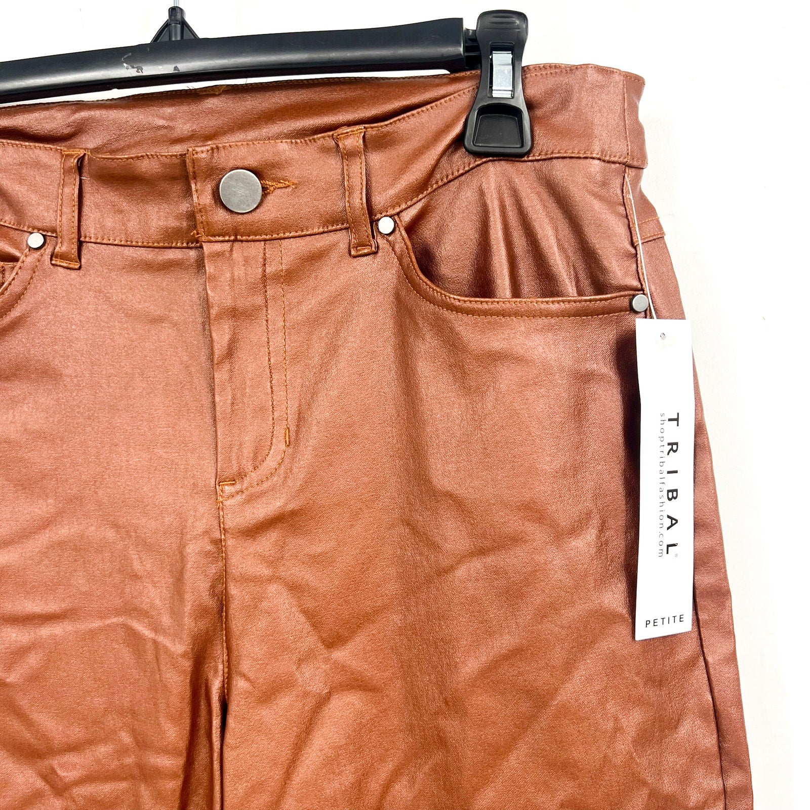 TRIBAL Womens Vegan Leather Pants US 4 Petite Brown Walnut Straight Leg NWT