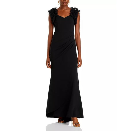 AQUA FORMAL Women's Long Scuba Crepe Dress Size 10 Black Ruffle Shoulder NWT