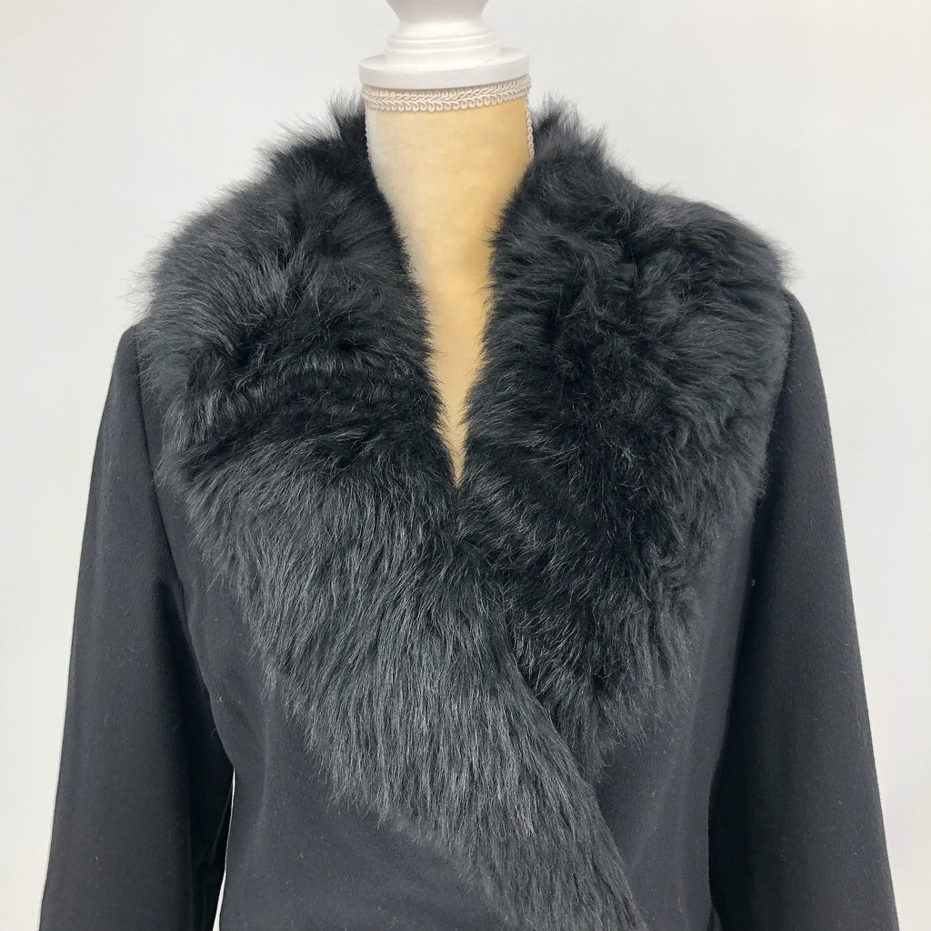 Sofia Cashmere Women Long Full Length Coat 6 Black Fur Collar Wool Cashmere NWOT
