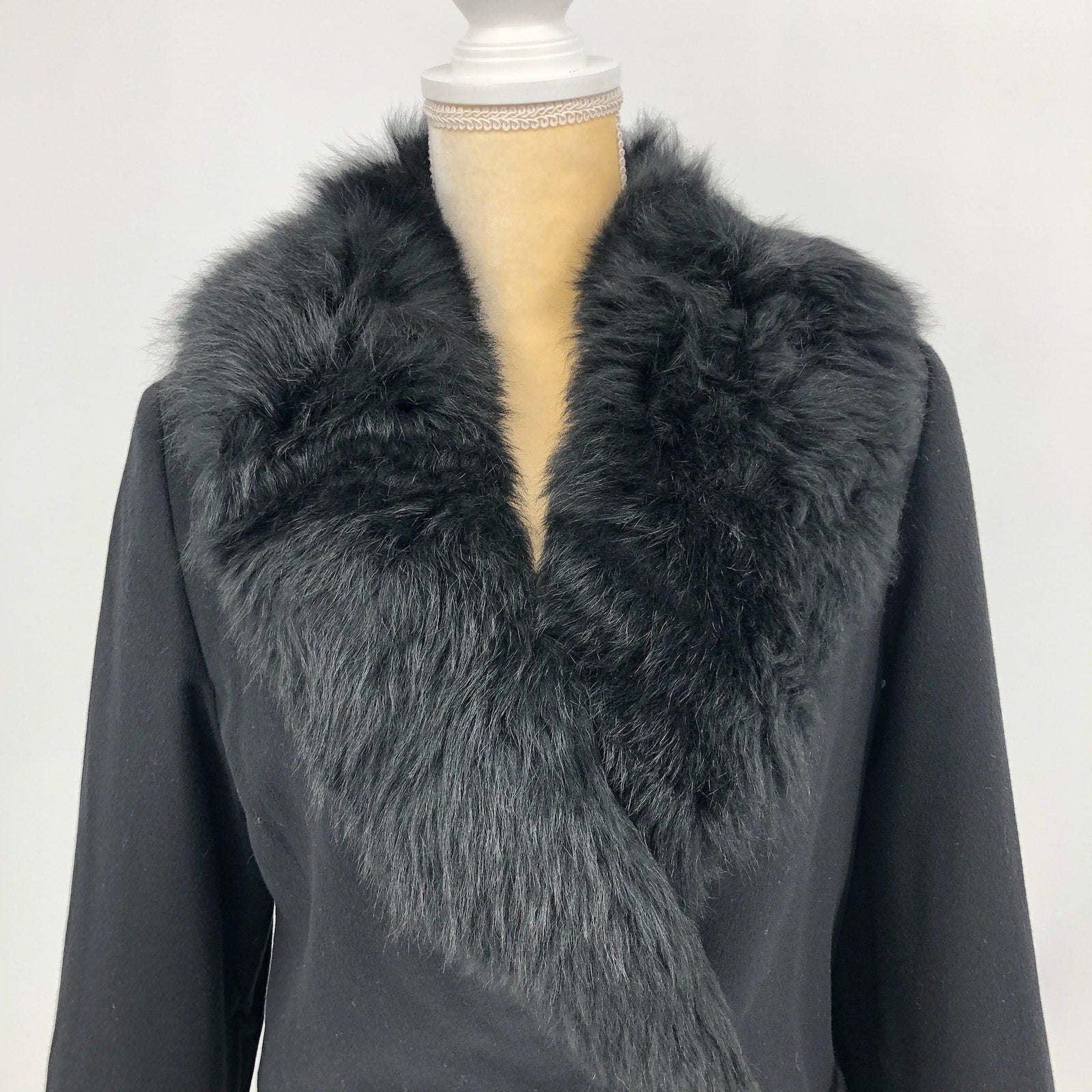Sofia Cashmere Women Long Full Length Coat 6 Black Fur Collar Wool Cashmere NWOT