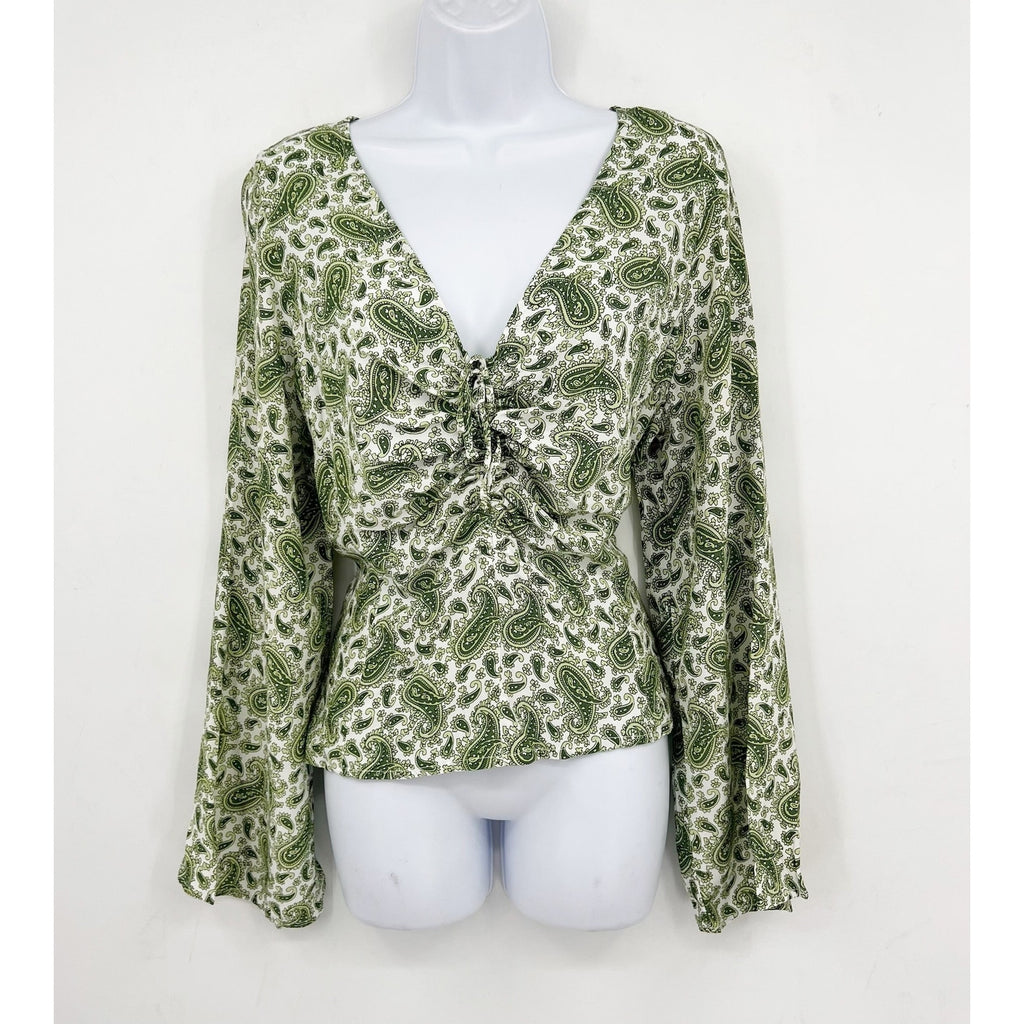FAITHFULL THE BRAND Women's Bell Sleeve Top Size 10 Green Paisley NWOT
