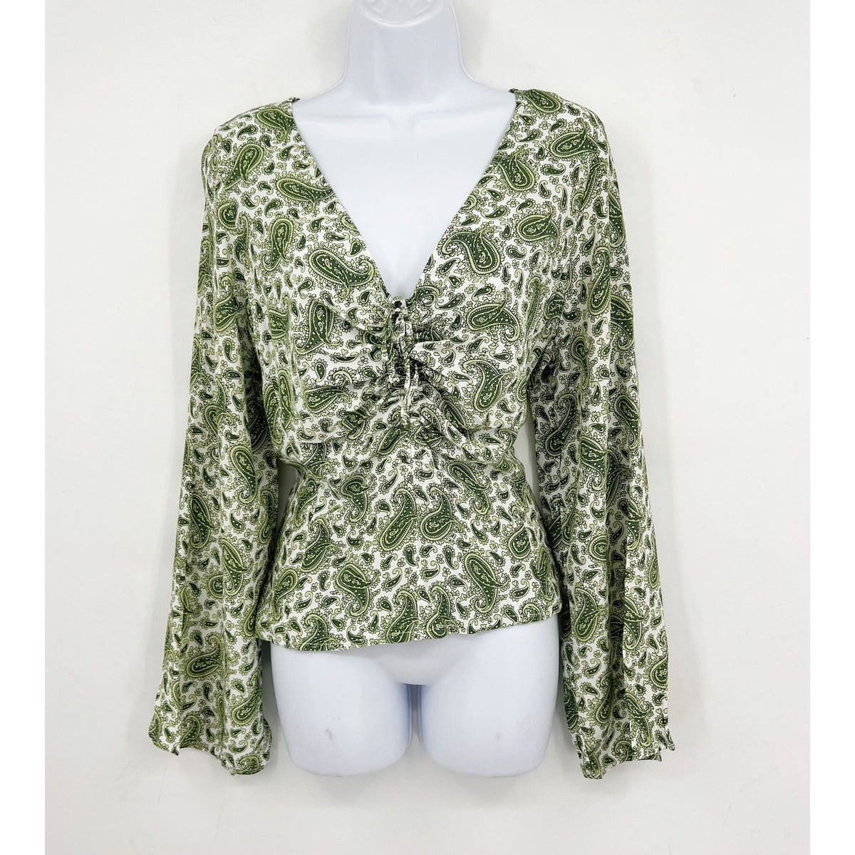 FAITHFULL THE BRAND Women's Bell Sleeve Top Size 10 Green Paisley NWOT