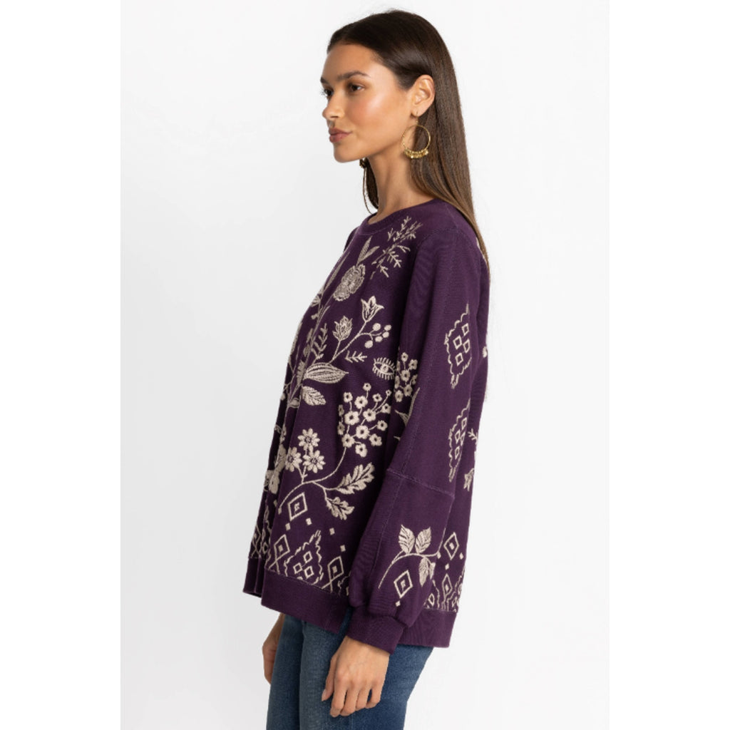 JOHNNY WAS Women's Ivey High Slit Sweatshirt Medium Deep Purple Floral NWT