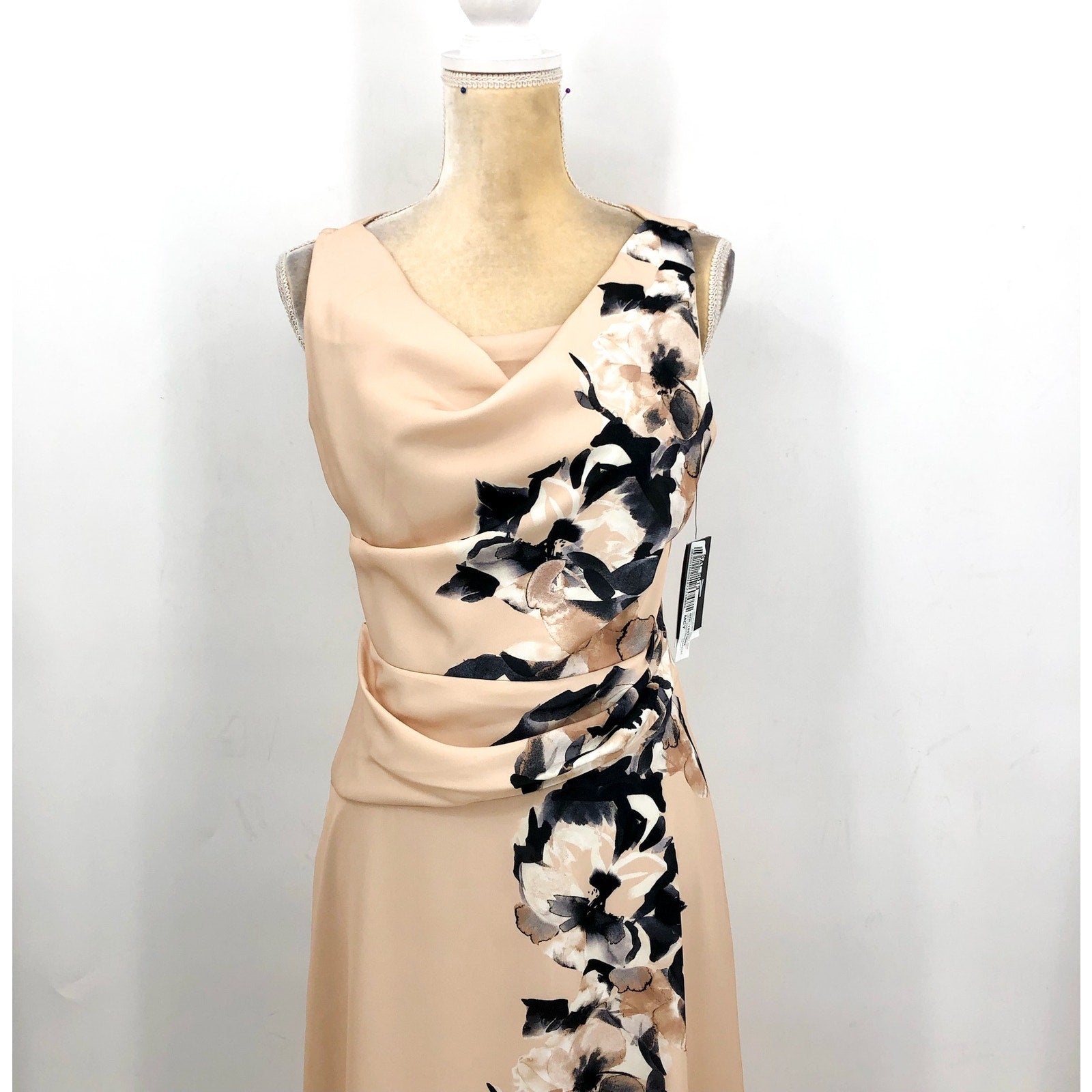 DKNY Women's Floral Cocktail Midi Dress Size 4 Elegant Beige Cowlneck NWT