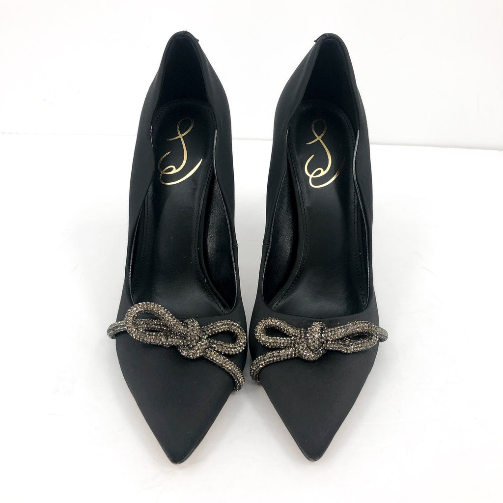 SAM EDELMAN Women's Deela Rhinestone Bow Pumps 9M Black Satin Pointed Toe