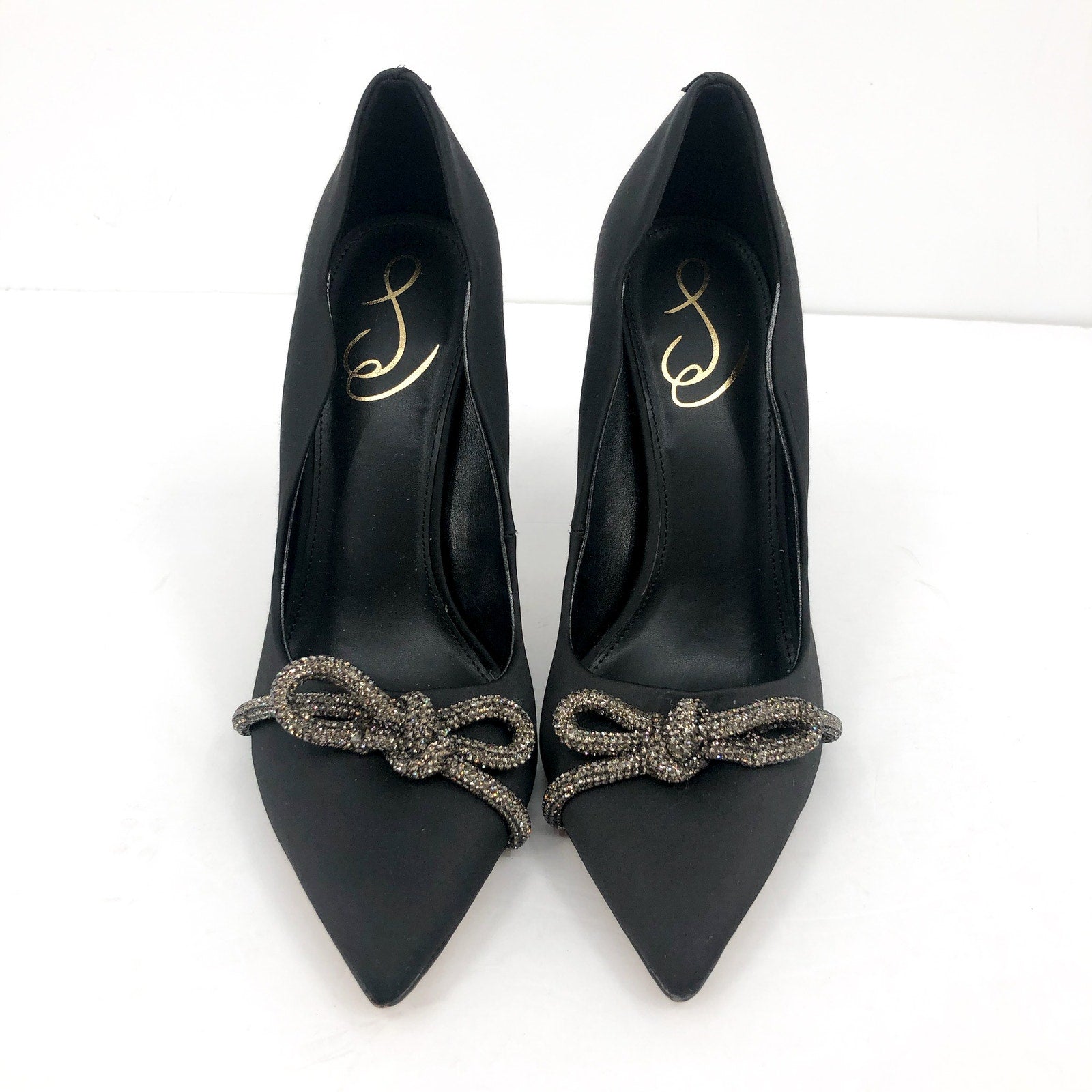 SAM EDELMAN Women's Deela Rhinestone Bow Pumps 9M Black Satin Pointed Toe