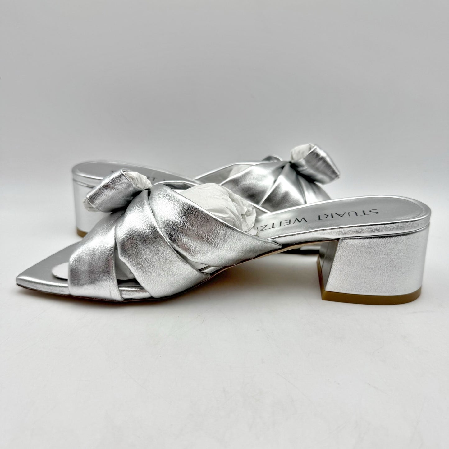 Stuart Weitzman Womens Sofia 45 Slide High Heels Size 6 Silver Leather Bow NIB