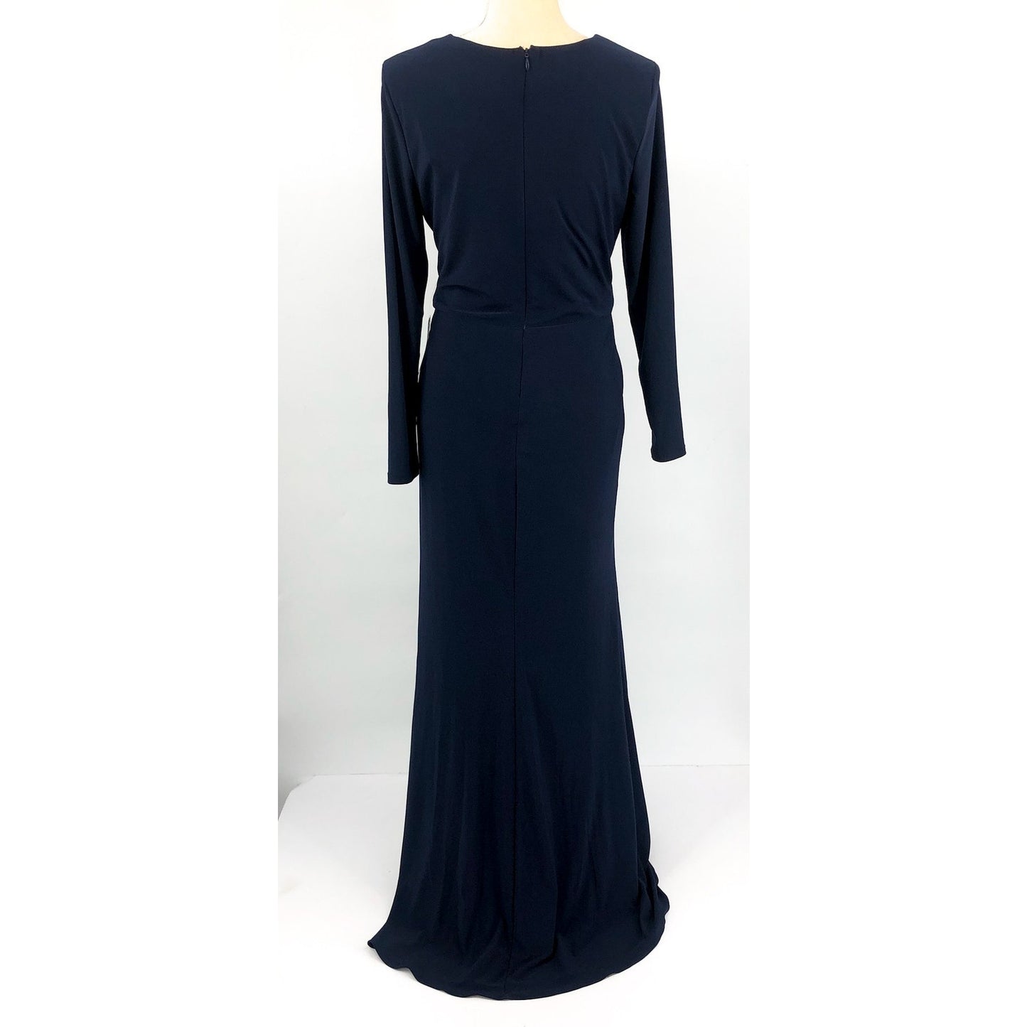 BETSY & ADAM Elle Gown Size 12 Navy Blue Long Sleeve Side Ruffled Slit NWT
