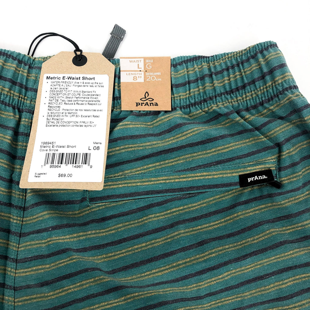 PRANA Men's Metric Swim Shorts Large Green Blue Cove Stripe 8" Inseam NWT