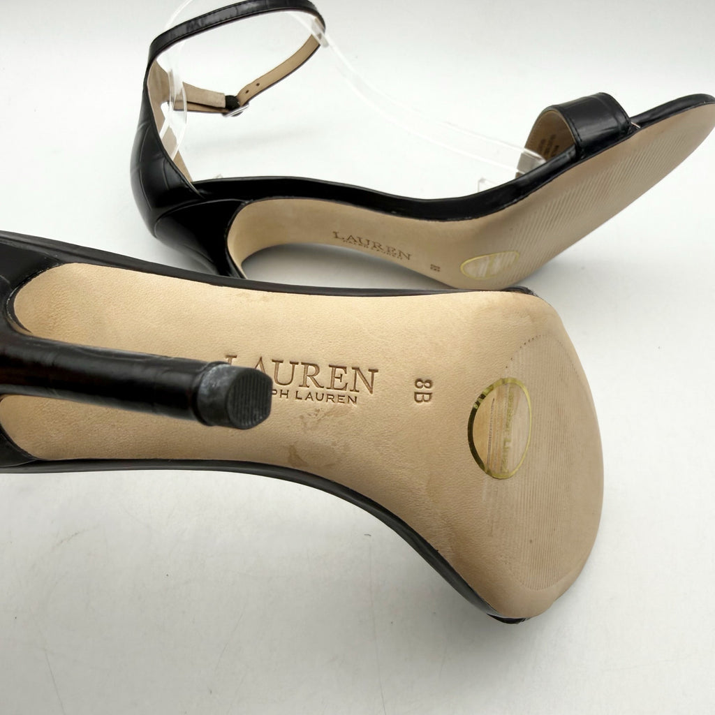Ralph Lauren Womens Allie Heel Sandals US 8 Black Crocodile-Embossed Leather NIB