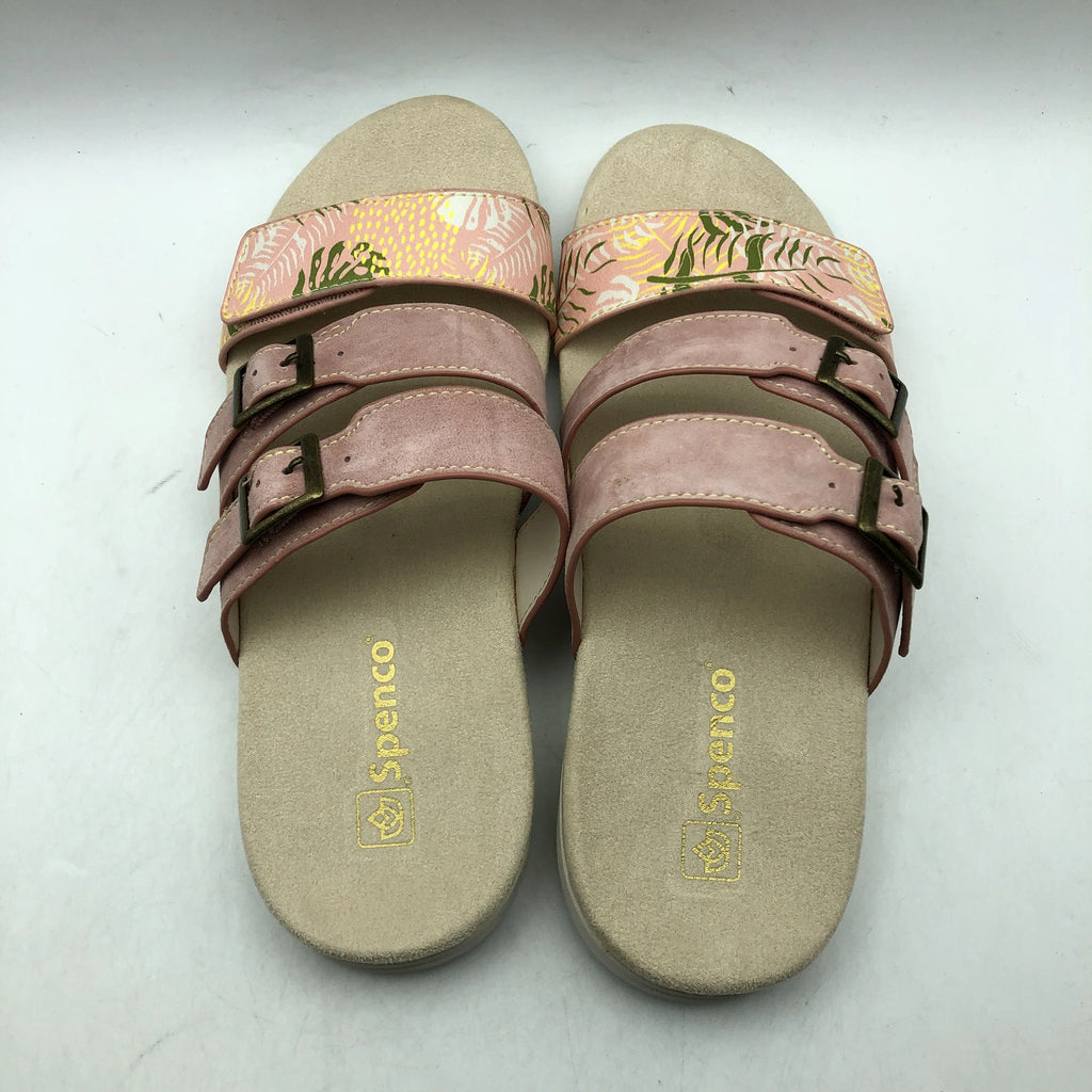 Spenco Womens Orchid Saddle Sandals Size 7.5 Pink Tan 3 Strap Slides NIB