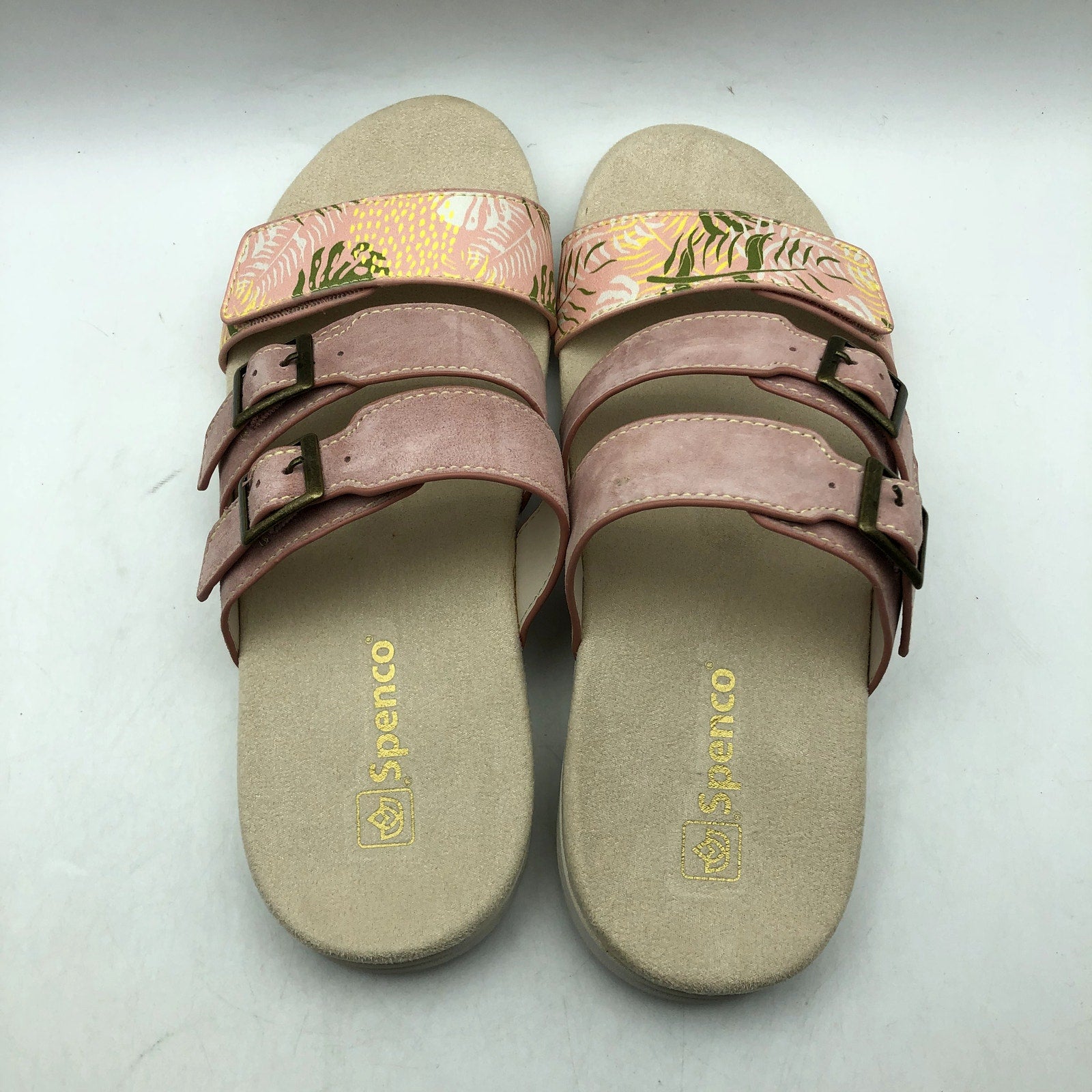 Spenco Womens Orchid Saddle Sandals Size 7.5 Pink Tan 3 Strap Slides NIB