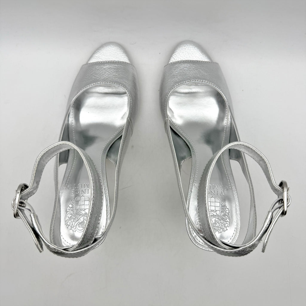 Vince Camuto Womens Pavles Ankle Strap Heeled Sandals Size 6 Silver Leather NIB