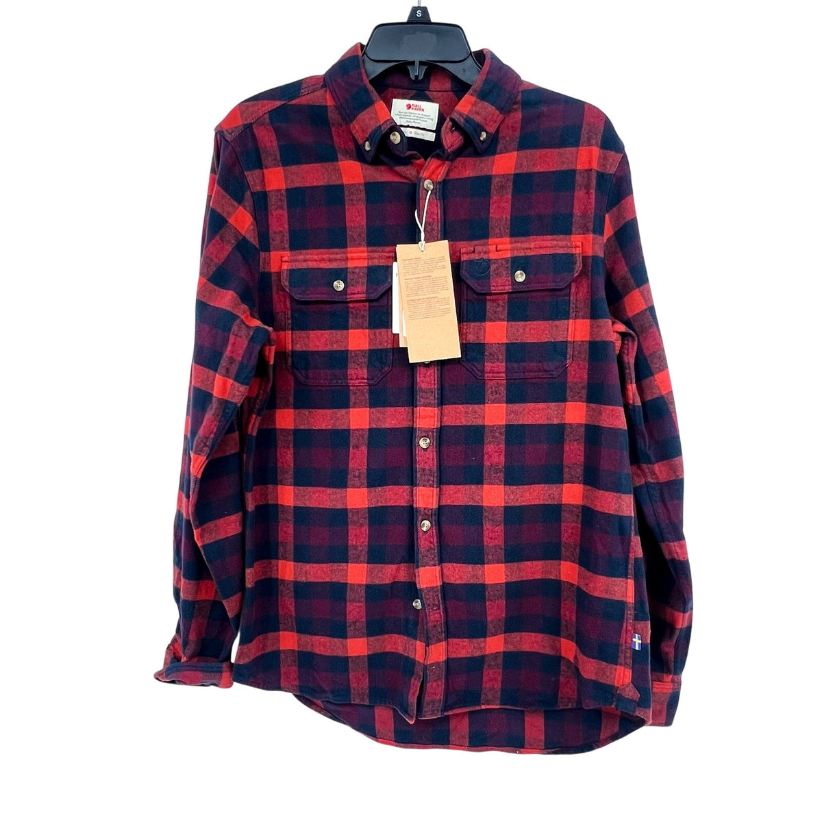 FJALLRAVEN Men's Skog Flannel Shirt Medium Slim Fit Navy Blue Red Plaid NWT
