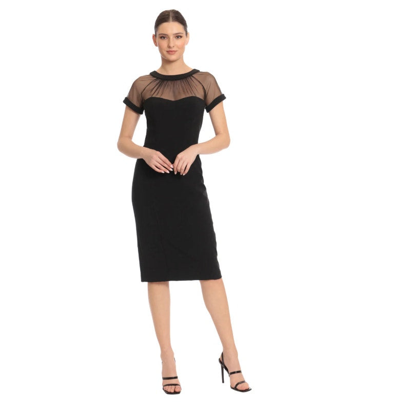 MAGGY LONDON Women's Short Sleeve Illusion Sheath Dress Size 4 Black V Back NWT