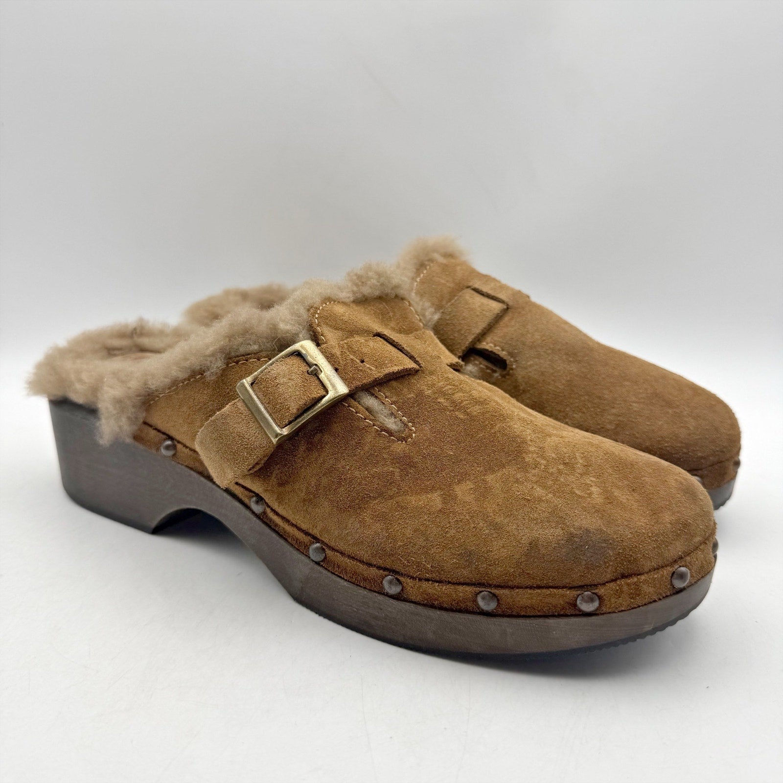 RE/DONE Womens 70s Studded Clogs EU 40 US 10 Cognac Brown Suede Shearling NWOB