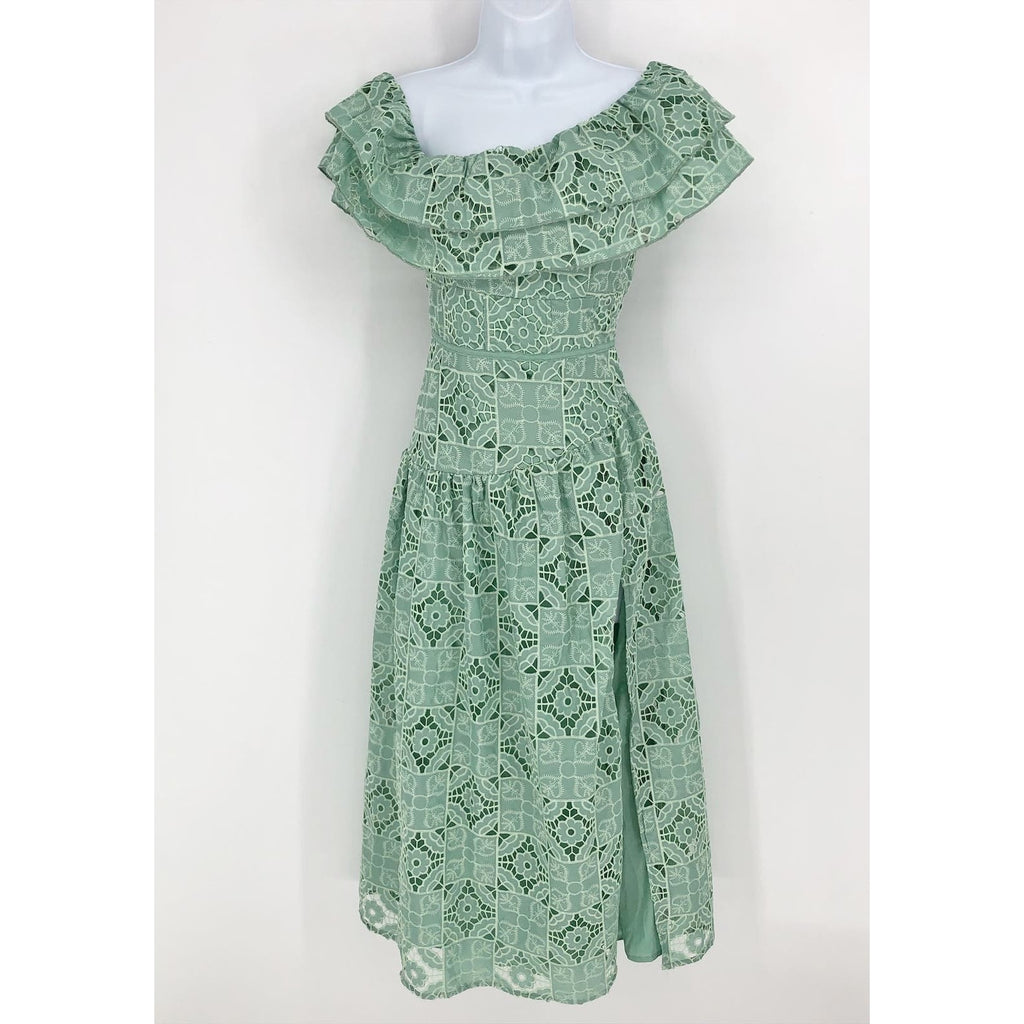 ASOS DESIGN One Shoulder Midi Dress Small Sage Green Patched Lace Ruffle NWOT