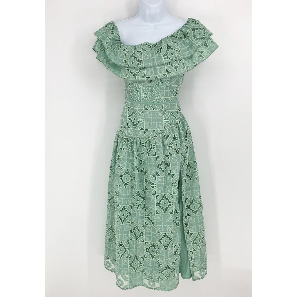 ASOS DESIGN One Shoulder Midi Dress Small Sage Green Patched Lace Ruffle NWOT