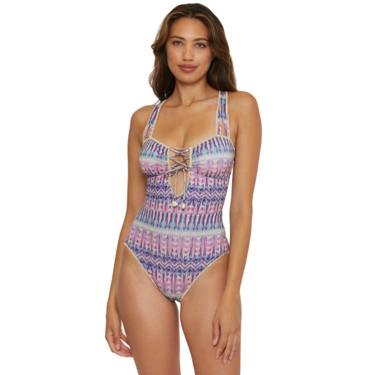 BECCA Women's Standard Tulum One Piece Swimsuit Large Purple Abstract Print NWT