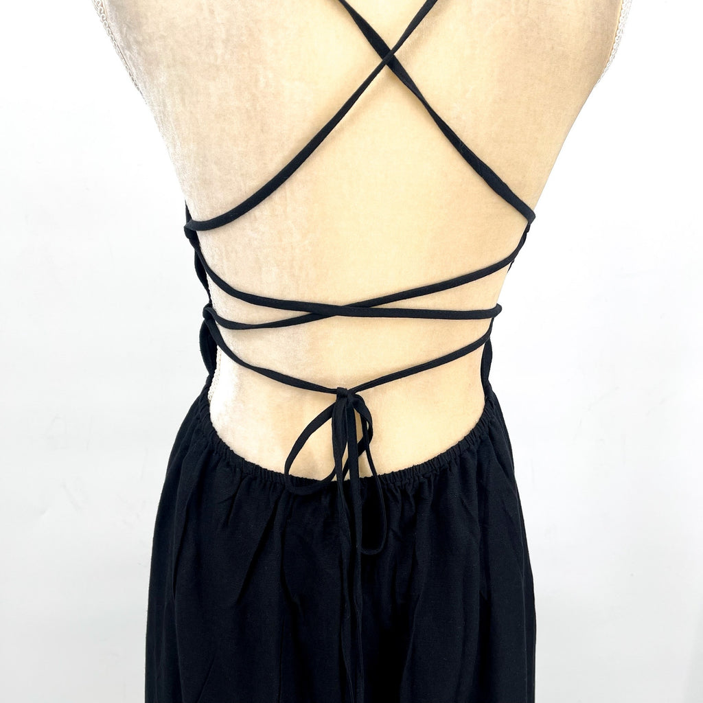 L*SPACE Women's Playa Vista Maxi Dress Medium Black Criss-Cross Linen Cotton NWT