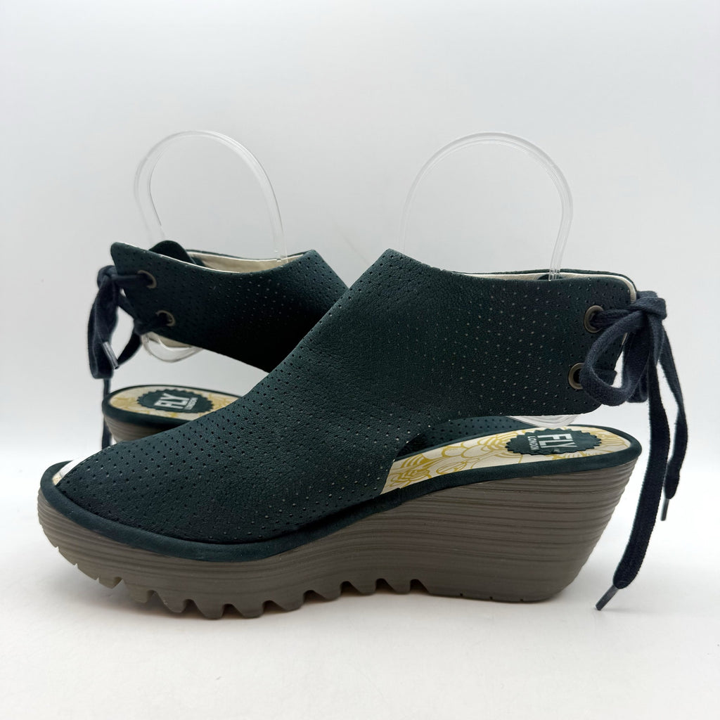 Fly London Womens Ypul799fly Wedge Sandal EU 42 US 11-11.5 Green Blue Suede NWOB