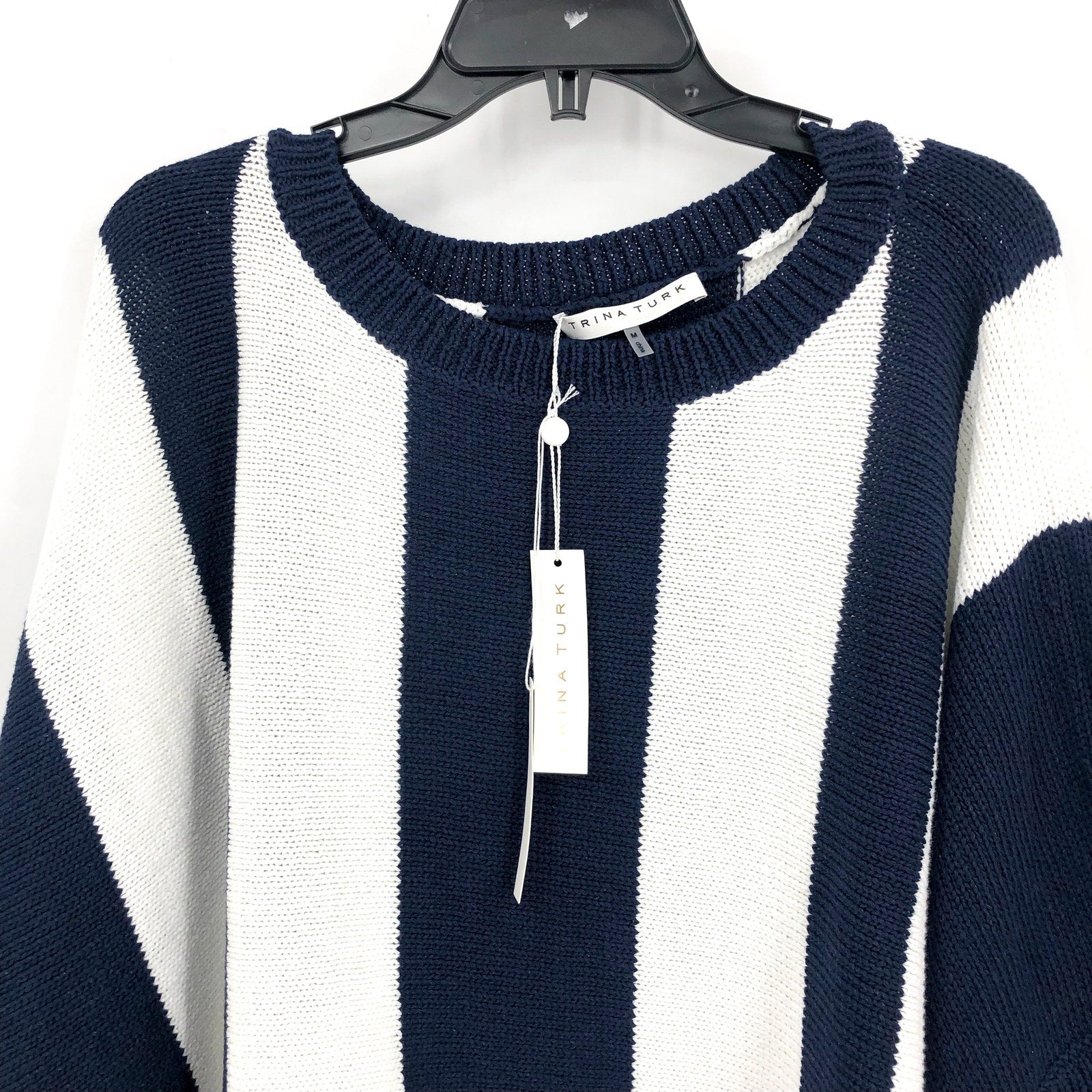 TRINA TURK Women's Horizon Striped Sweater Medium Navy White Boatneck NWT