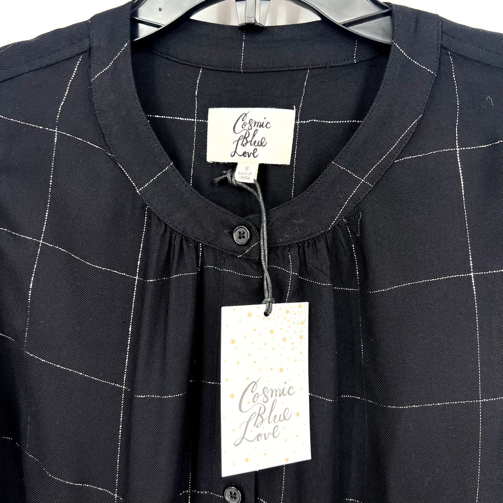 STITCH FIX- COSMIC BLUE LOVE- Womens Blouse Small Black Silver Windowpane LS NWT