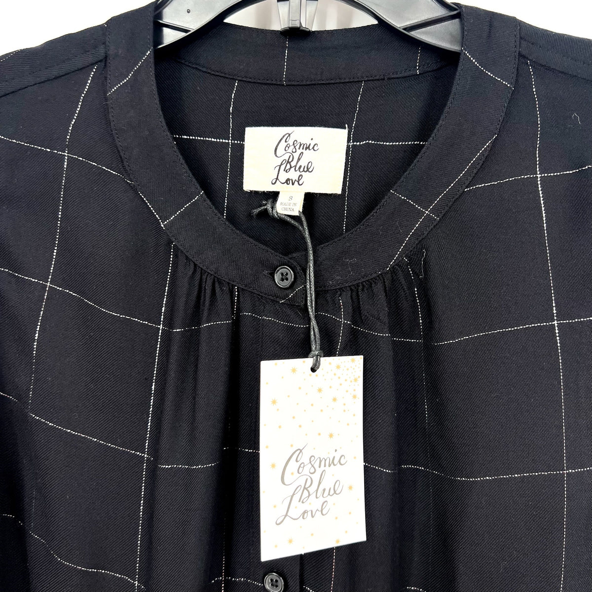 STITCH FIX- COSMIC BLUE LOVE- Womens Blouse Small Black Silver Windowpane LS NWT