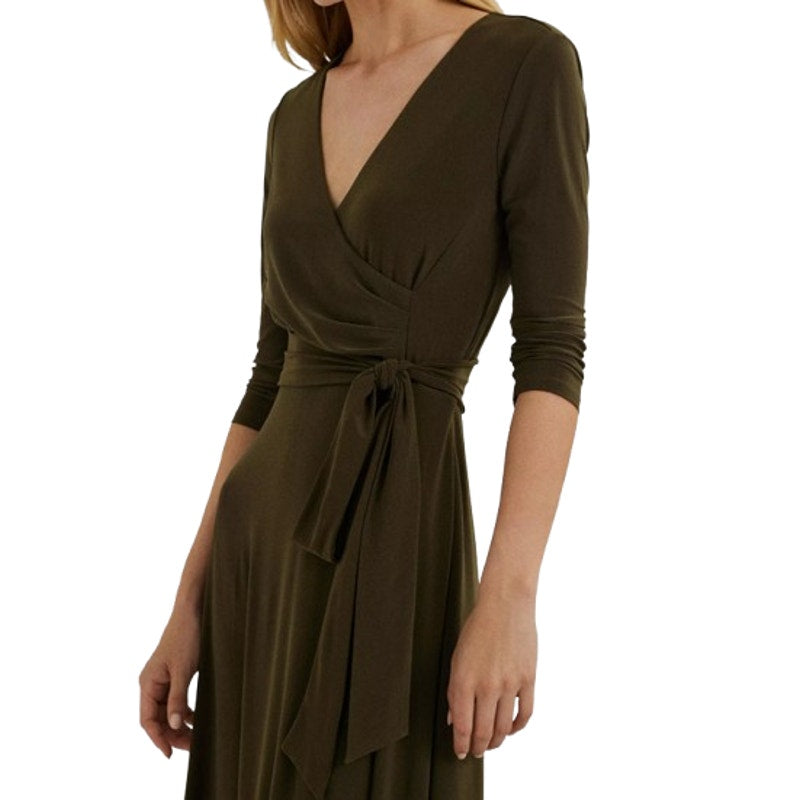 LAUREN RALPH LAUREN Surplice Jersey Dress Size 8 Olive Green Faux Wrap Belt NWT