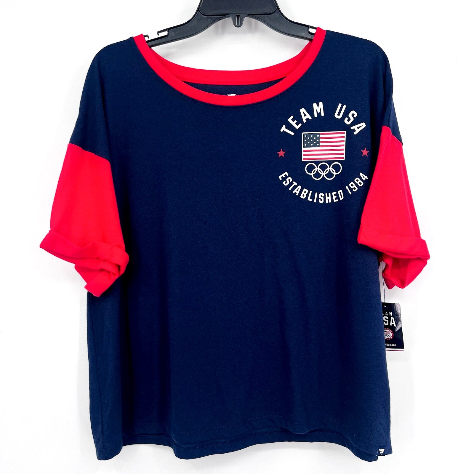 FANATICS Womens Team USA Circle Badge Cropped T-Shirt XL Navy Blue Red NWT