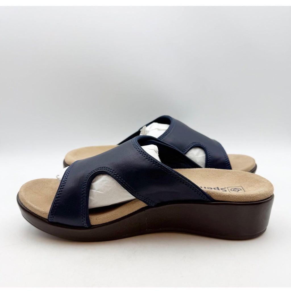 Spenco Women's Karla Wedge Sandals Size 10 Wide Blue Peacoat Navy Brown NIB