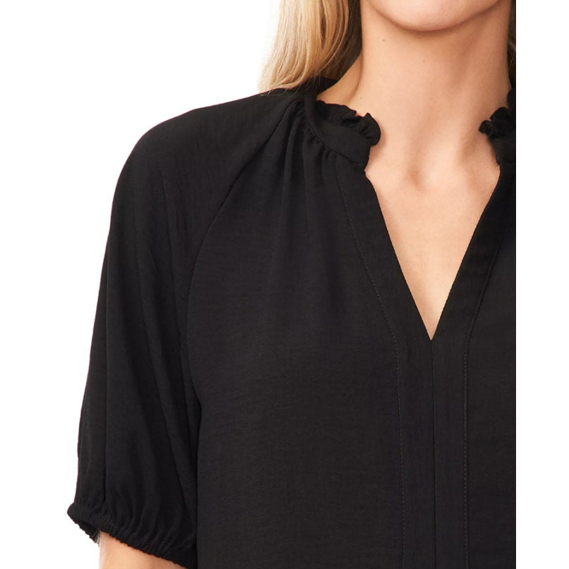 CECE Women's Ruffle Neck Blouse Top Medium Rich Black Raglan Split Seam NWT
