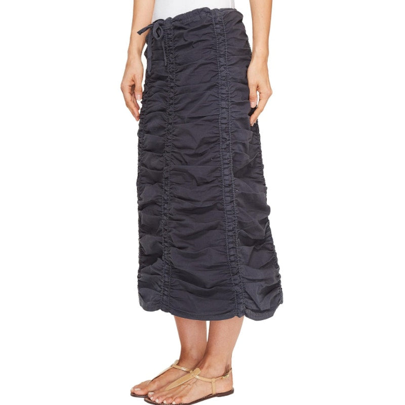 XCVI Double Shirred Panel Midi Skirt Large Charcoal Grey Stretch Poplin NWT