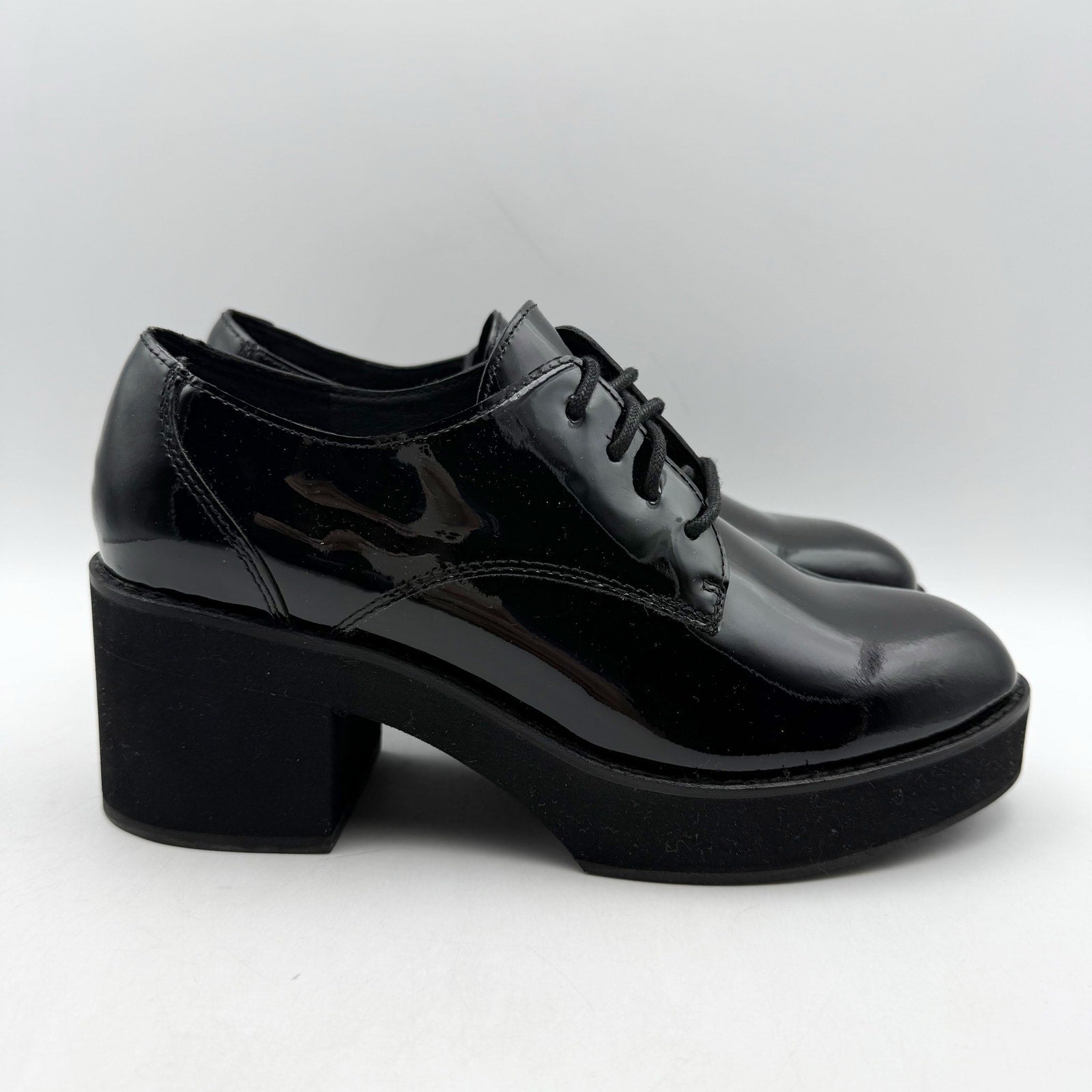 Eileen Fisher Womens Judd Derby Oxford Heel US 7.5 Black Patent Leather NWOB