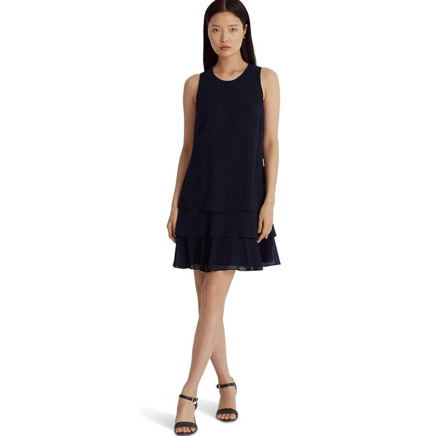 LAUREN RALPH LAUREN Womens Shift Dress Size 6 Navy Blue Crinkle Georgette NWT