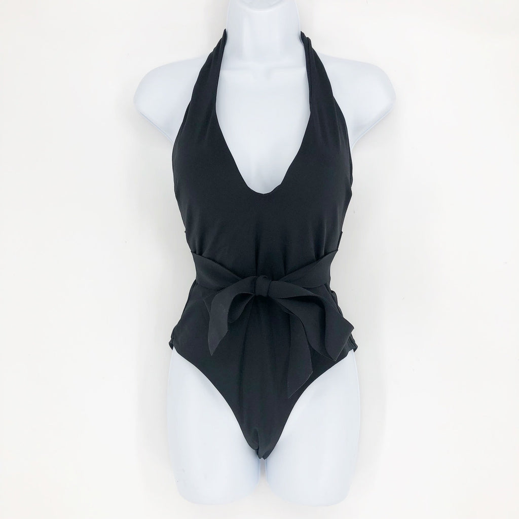 SEA LEVEL Dark Romance Bonded Belt Plunge One Piece Swimsuit Black 10 Halter Bow