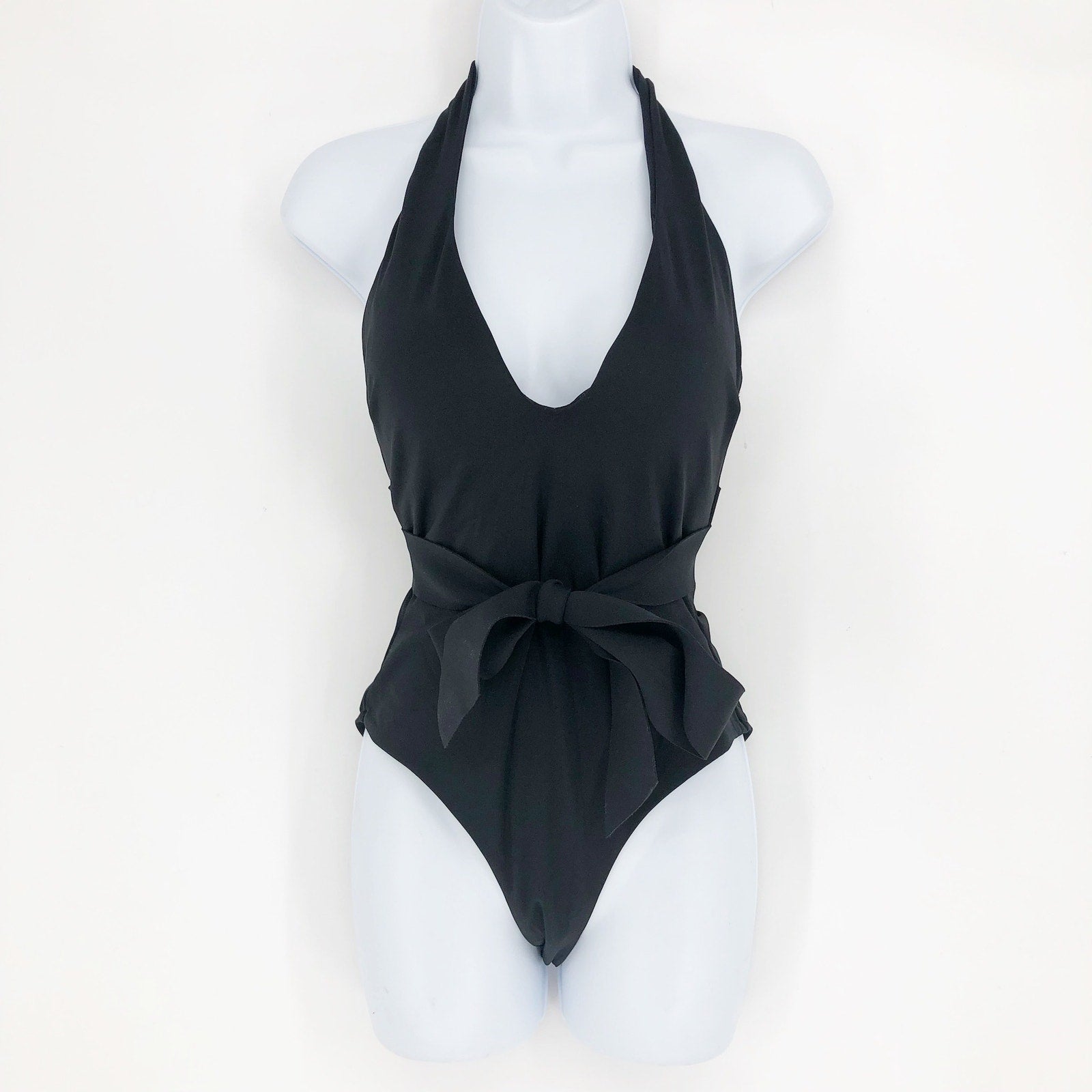 SEA LEVEL Dark Romance Bonded Belt Plunge One Piece Swimsuit Black 10 Halter Bow