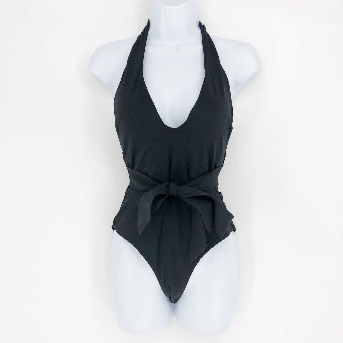 SEA LEVEL SWIM Dark Romance Plunge One Piece Swimsuit Black Size 10 Halter NWOT