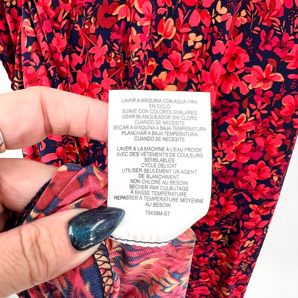 MAGGY LONDON Womens Floral V-Neck Dress Small Navy Blue Red Smocked NWT
