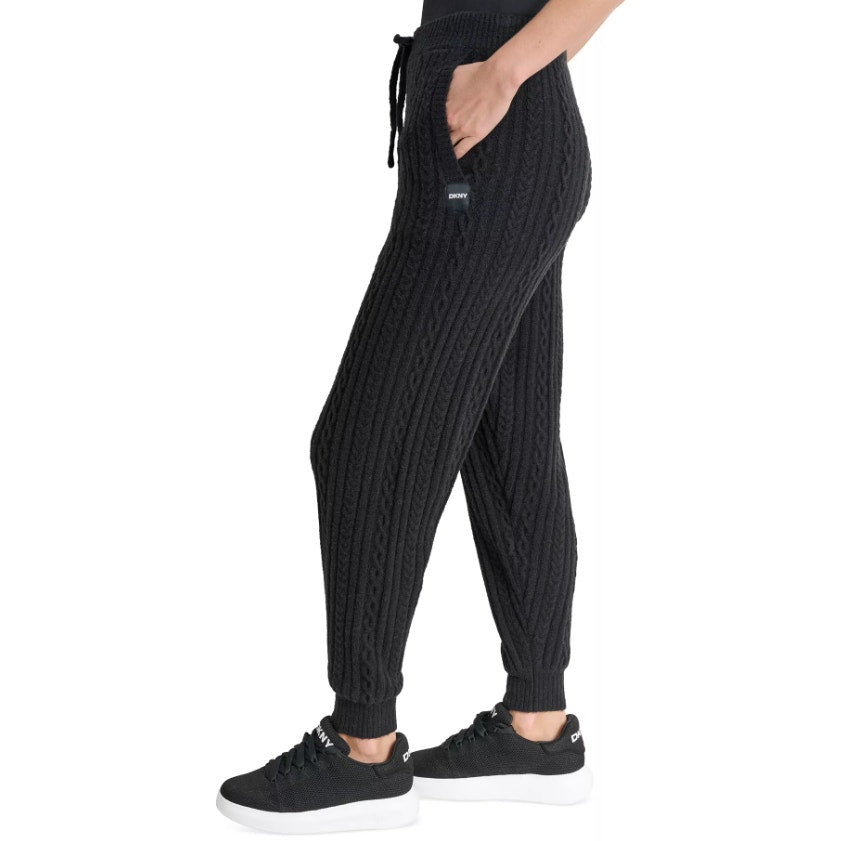 DKNY Womns Cozy Cable Sweater Knit Jogger Large Black Drawstring NWT