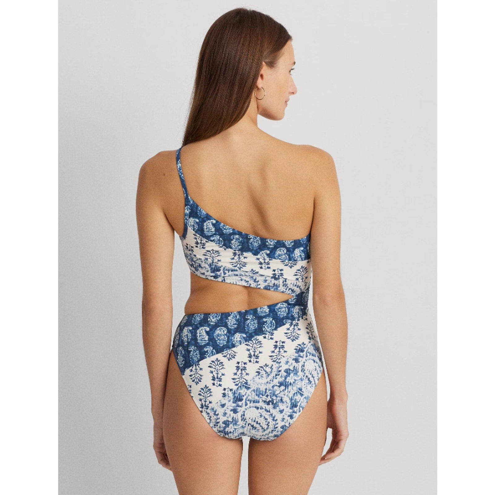 Lauren Ralph Lauren One Shoulder One Piece Swimsuit Size 10 Blue White Print NWT