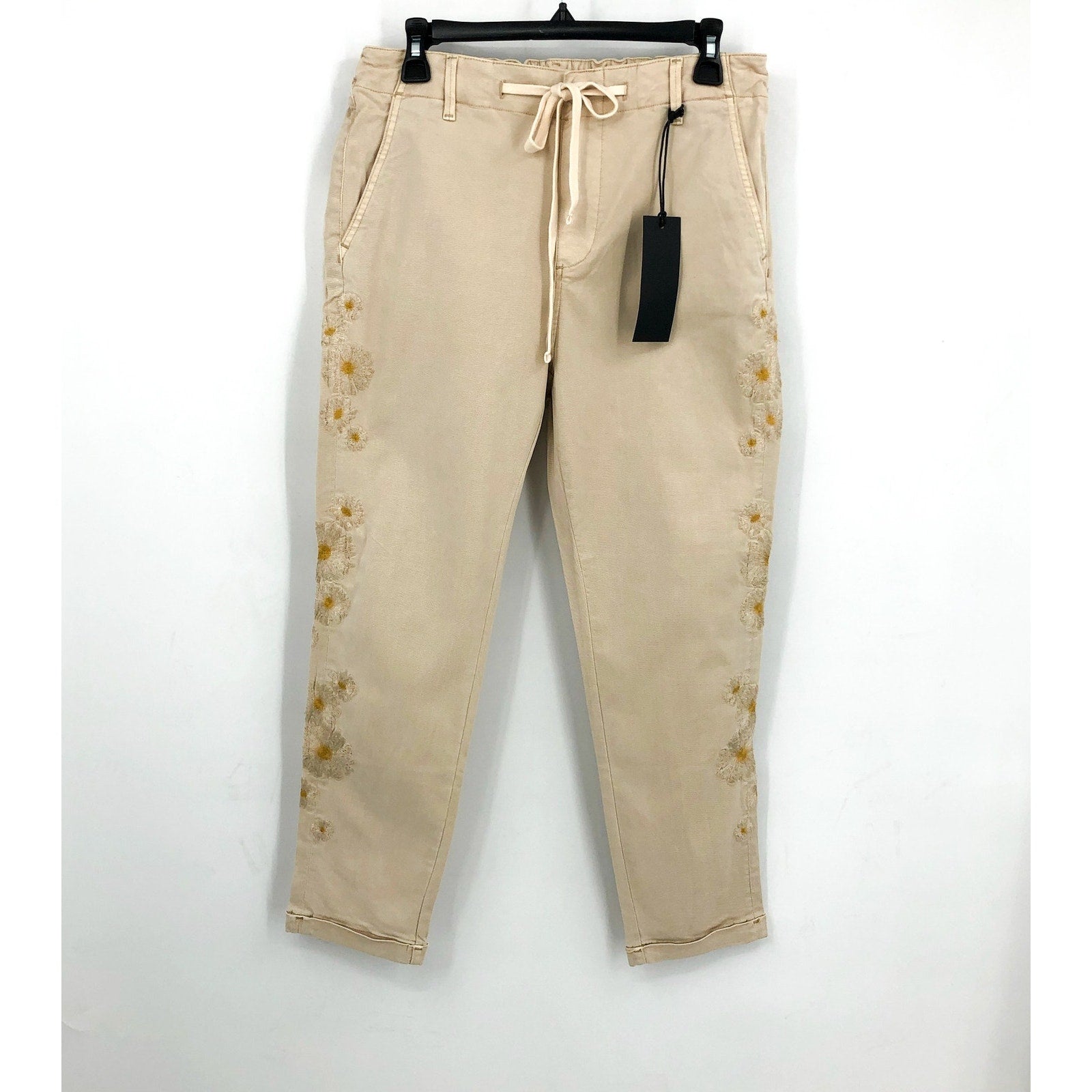 DRIFTWOOD Women's Embroidered Casual Pants Large Beige Floral NWT