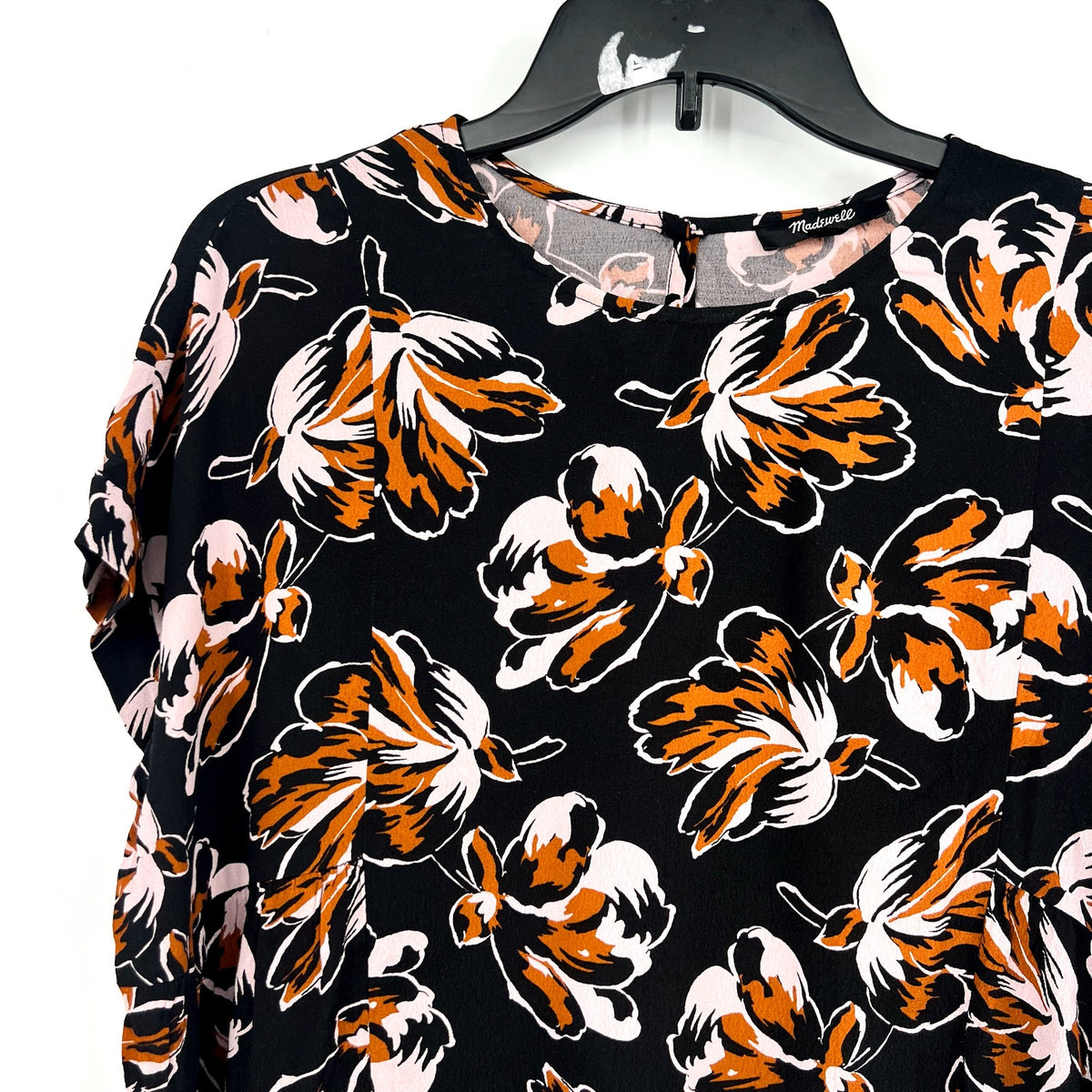 MADEWELL Womens Shirred Top Small Black Duskblossom Floral Short Sleeve NWOT
