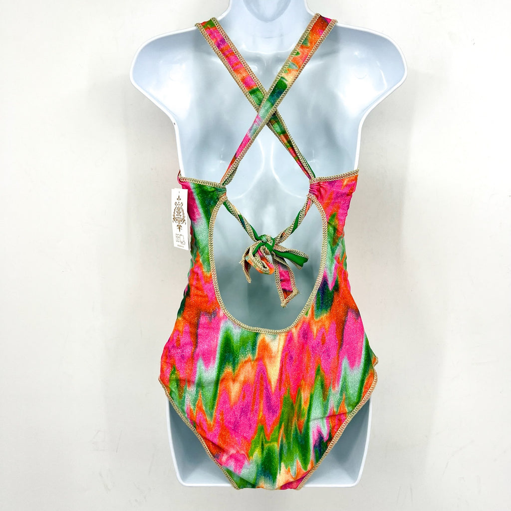 BECCA Women's Lace-Up One-Piece Swimsuit Large Pink Mirage Metallic NWT