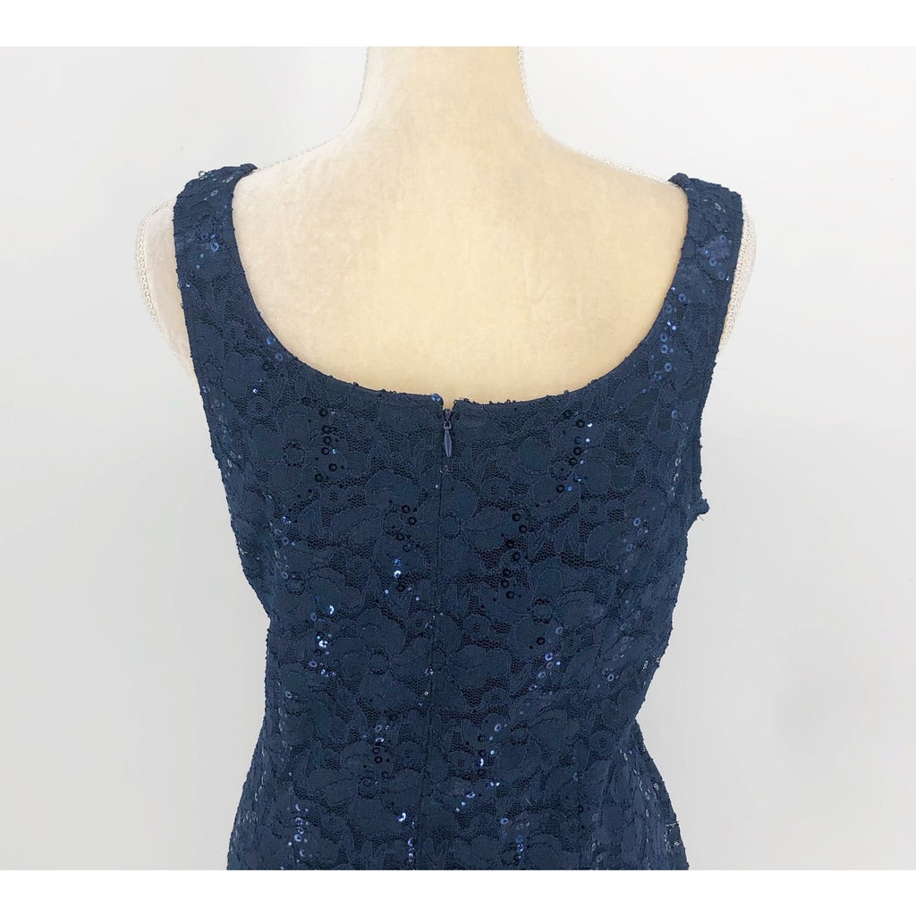 SLNY Sequined Lace Sheath Dress Size 12 Navy Blue Cocktail Sleeveless NWOT