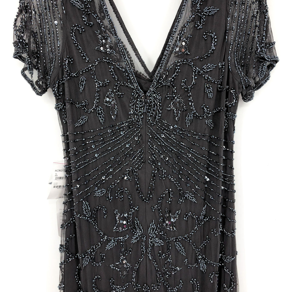 PISARRO NIGHTS Women's Beaded Mesh Column Gown Size 12 Gray Short Sleeve NWT