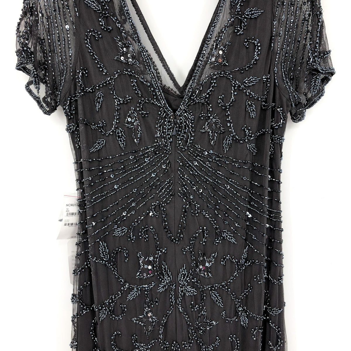 PISARRO NIGHTS Women's Beaded Mesh Column Gown Size 12 Gray Short Sleeve NWT