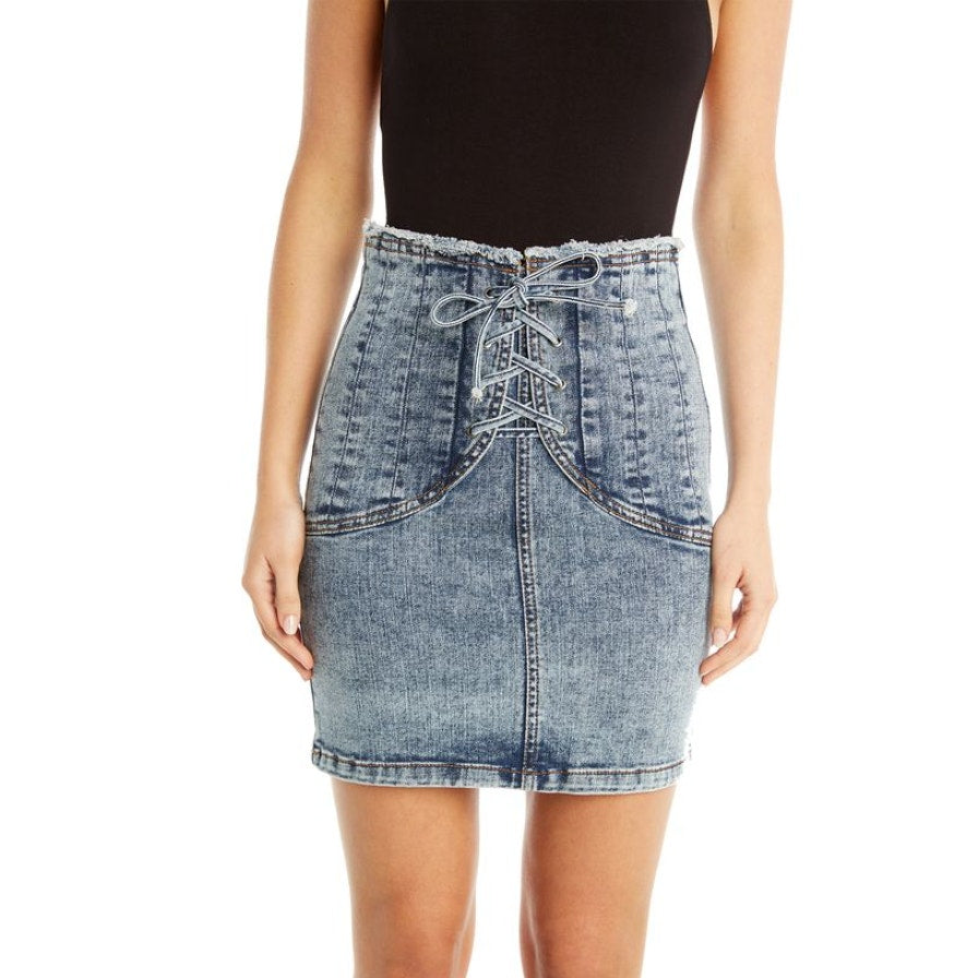 BARDOT Girls Corset Denim Skirt US 16 Blue Acid Wash Cotton NWT